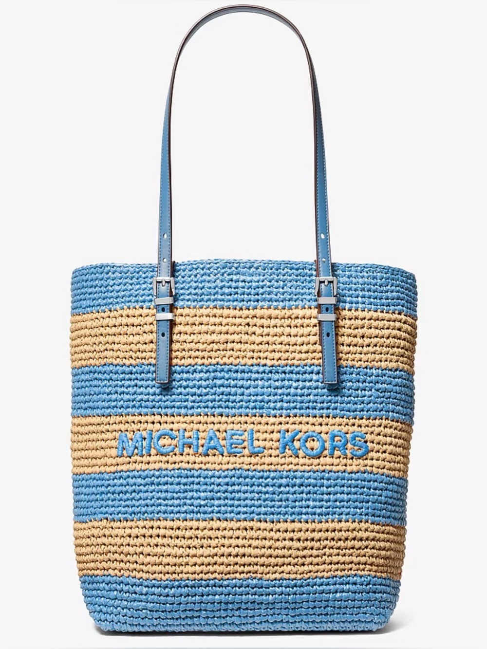 Michael Kors Quinn Striped Straw Tote Bag Cream & Blue